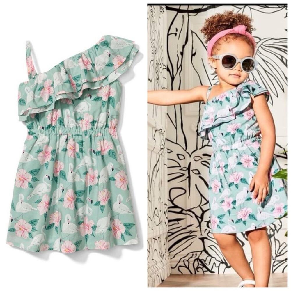 Janie and Jack Flamingo Hibiscus Floral Ruffle One Shoulder Dress Sage Green 3Y